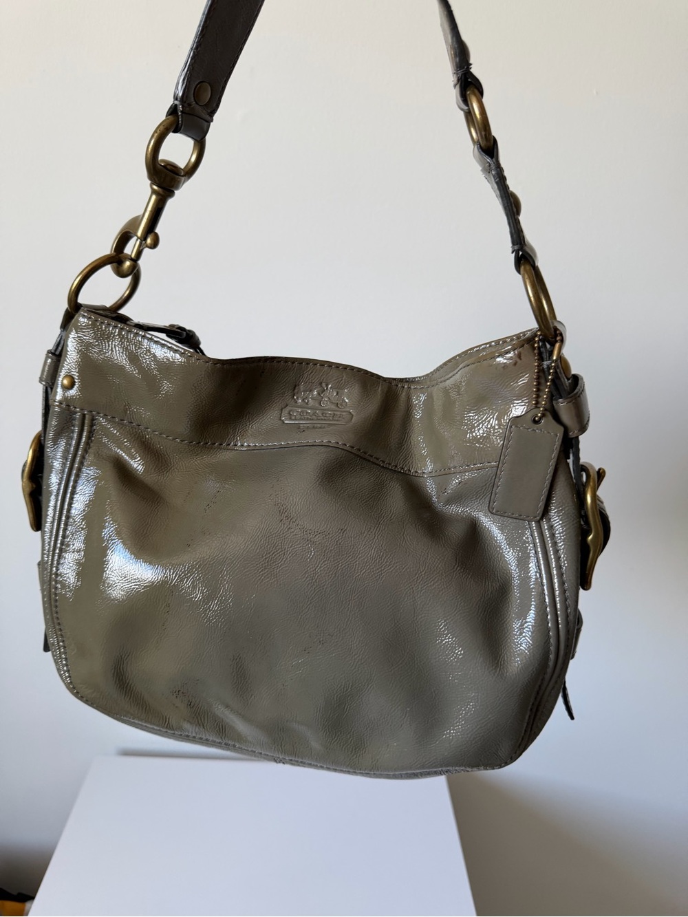Coach Zoe Patent Leather Hobo Shoulder Bag Olive- Grey 12735 - Picture 5 of 12